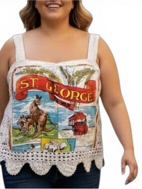 Vintage XL Australian Tea Towel Crochet Tank Top St George Linen Boho Handmade